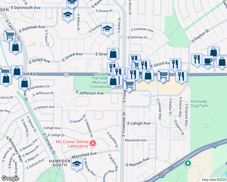 map of restaurants, bars, coffee shops, grocery stores, and more near 3565 South Yosemite Street in Denver