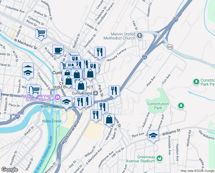 map of restaurants, bars, coffee shops, grocery stores, and more near 308 East Harrison Street in Cumberland