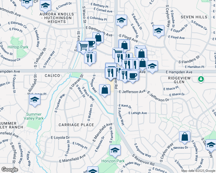 map of restaurants, bars, coffee shops, grocery stores, and more near 3500-3610 South Zeno Way in Aurora