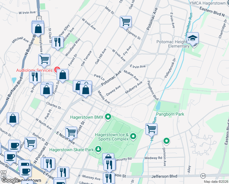 map of restaurants, bars, coffee shops, grocery stores, and more near 836 Dewey Avenue in Hagerstown