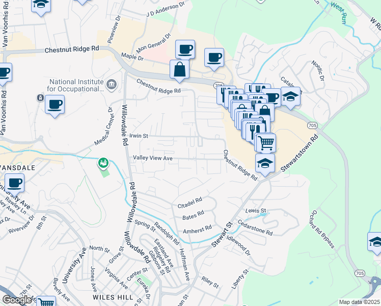 map of restaurants, bars, coffee shops, grocery stores, and more near 12 Sunridge Drive in Morgantown