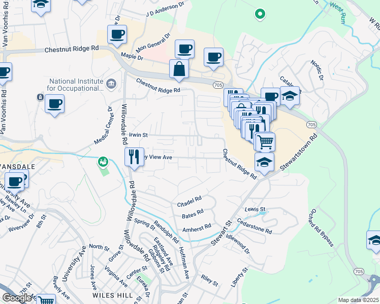 map of restaurants, bars, coffee shops, grocery stores, and more near 12 Sunridge Drive in Morgantown