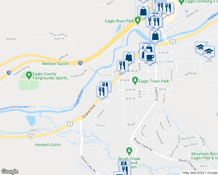 map of restaurants, bars, coffee shops, grocery stores, and more near 562 Grand Avenue in Eagle