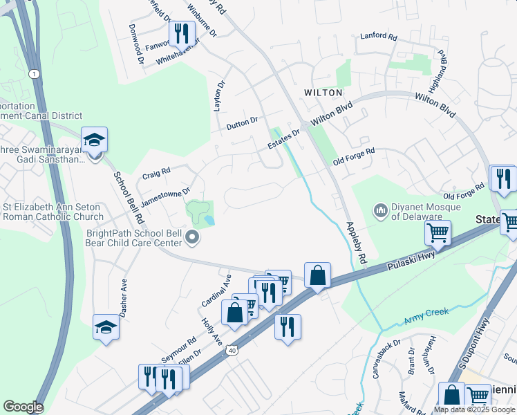 map of restaurants, bars, coffee shops, grocery stores, and more near 1138 Old Forge Road in New Castle