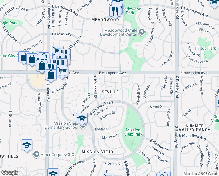 map of restaurants, bars, coffee shops, grocery stores, and more near 3572 South Kittredge Street in Aurora