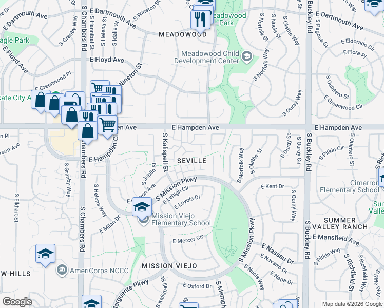 map of restaurants, bars, coffee shops, grocery stores, and more near 3638C South Laredo Street in Aurora