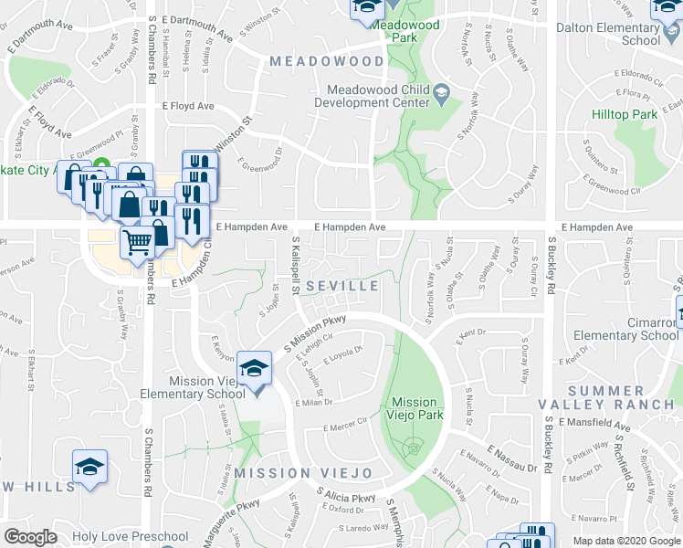 map of restaurants, bars, coffee shops, grocery stores, and more near 3638C South Laredo Street in Aurora