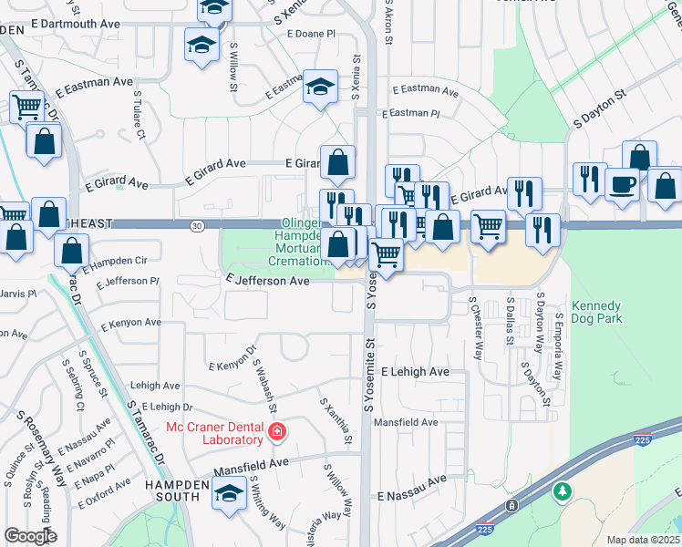 map of restaurants, bars, coffee shops, grocery stores, and more near 8810 East Jefferson Avenue in Denver