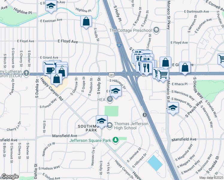 map of restaurants, bars, coffee shops, grocery stores, and more near 5770 East Ithaca Place in Denver