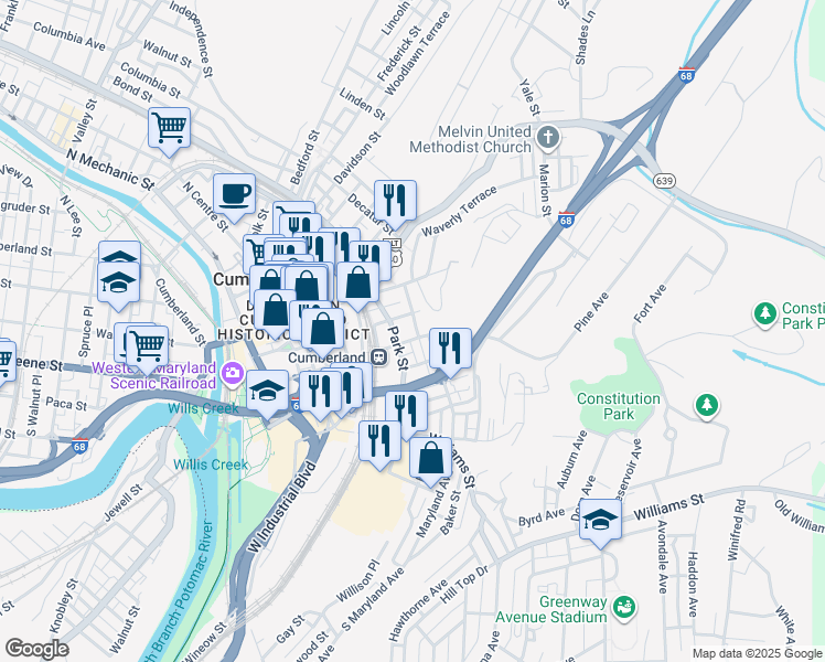 map of restaurants, bars, coffee shops, grocery stores, and more near 301 East Harrison Street in Cumberland