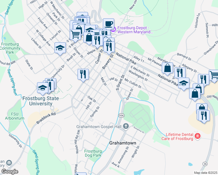 map of restaurants, bars, coffee shops, grocery stores, and more near 101 Paul Street in Frostburg