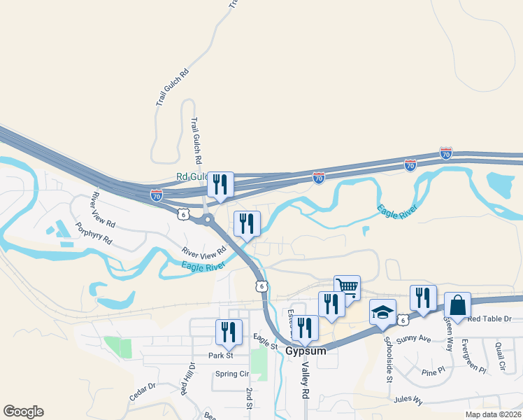 map of restaurants, bars, coffee shops, grocery stores, and more near 667 Trail Gulch Road in Gypsum