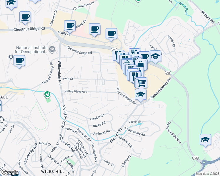 map of restaurants, bars, coffee shops, grocery stores, and more near 80 Saint Clairs Village in Morgantown