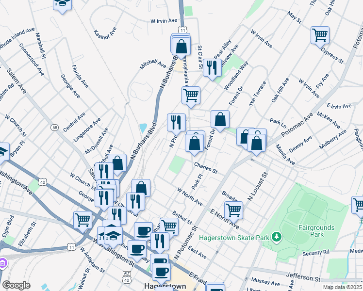 map of restaurants, bars, coffee shops, grocery stores, and more near 128 Clarkson Avenue in Hagerstown