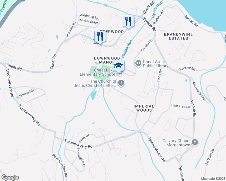 map of restaurants, bars, coffee shops, grocery stores, and more near 31 Whites Run Court in Morgantown