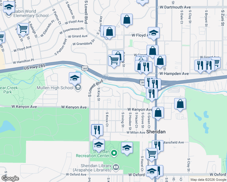 map of restaurants, bars, coffee shops, grocery stores, and more near 3500 South King Street in Denver