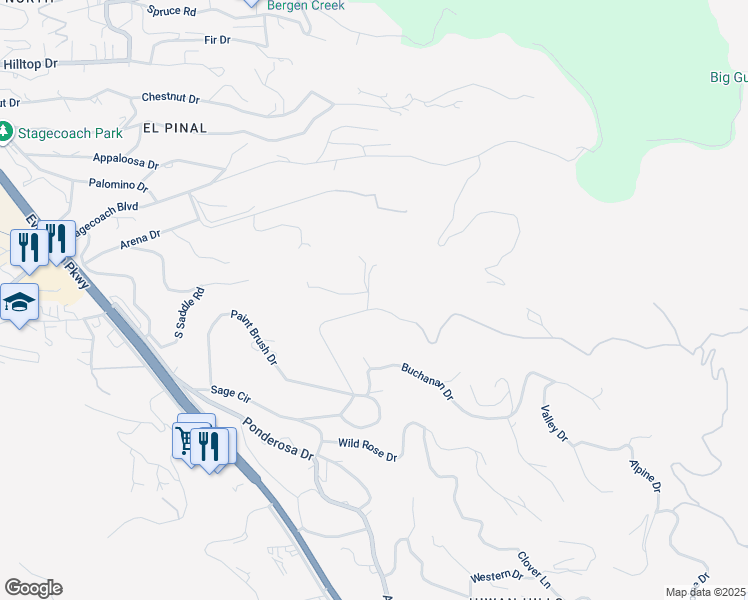 map of restaurants, bars, coffee shops, grocery stores, and more near 29313 Thimbleberry Lane in Evergreen