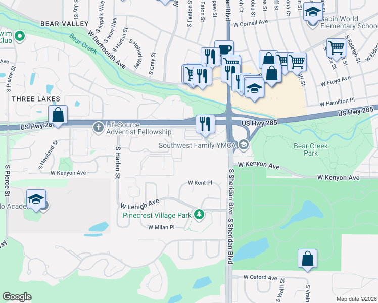 map of restaurants, bars, coffee shops, grocery stores, and more near 3653 South Sheridan Boulevard in Lakewood