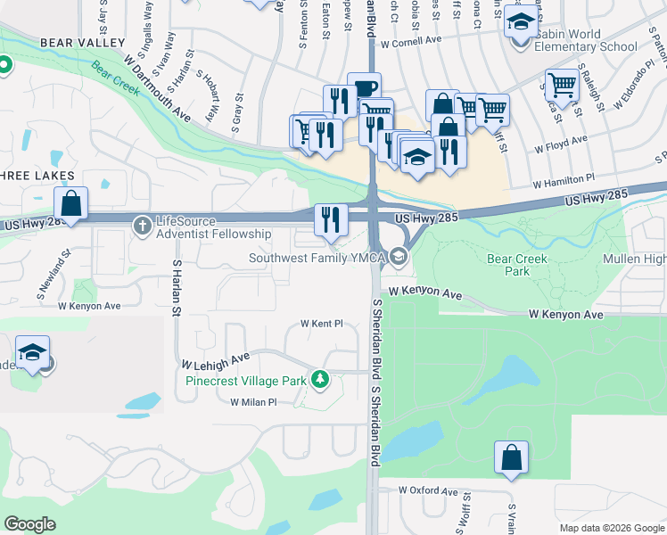 map of restaurants, bars, coffee shops, grocery stores, and more near 3613 South Sheridan Boulevard in Lakewood
