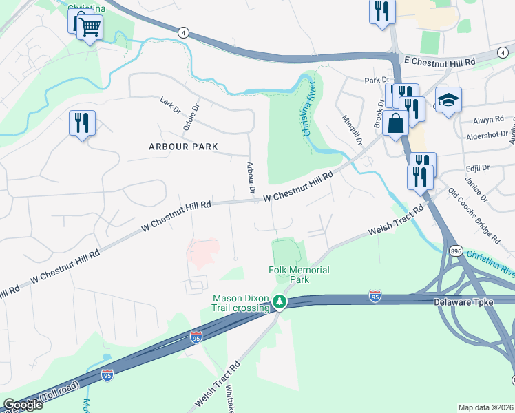 map of restaurants, bars, coffee shops, grocery stores, and more near 114 West Cobblefield Court in Newark