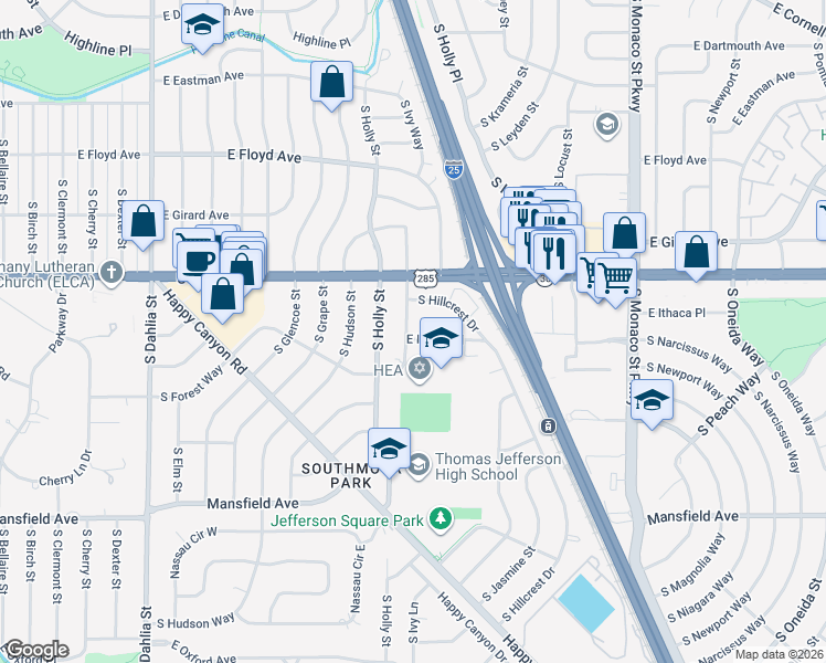 map of restaurants, bars, coffee shops, grocery stores, and more near 3571 South Ivanhoe Street in Denver