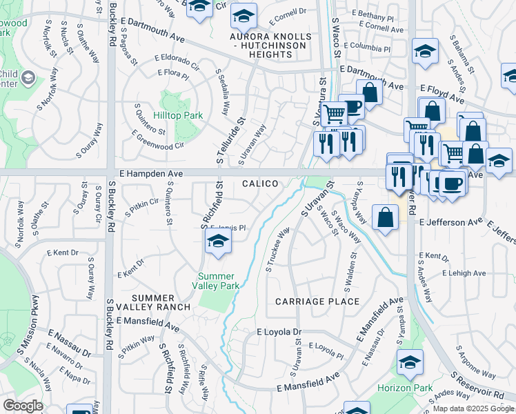 map of restaurants, bars, coffee shops, grocery stores, and more near 3566 South Telluride Way in Aurora