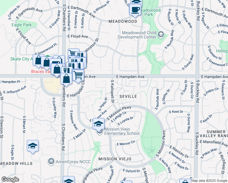 map of restaurants, bars, coffee shops, grocery stores, and more near 3601 South Kalispell Street in Aurora
