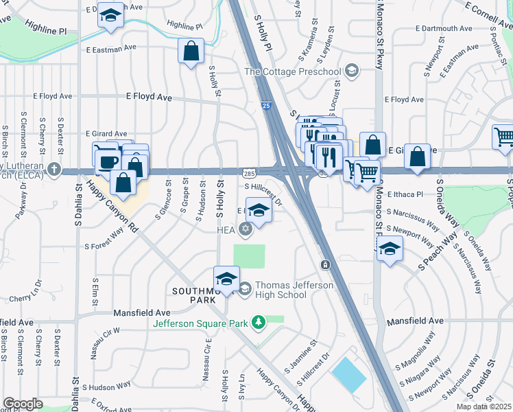 map of restaurants, bars, coffee shops, grocery stores, and more near 5770 East Ithaca Place in Denver