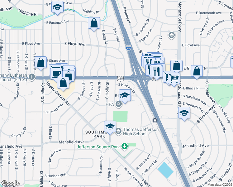 map of restaurants, bars, coffee shops, grocery stores, and more near 3571 South Ivanhoe Street in Denver