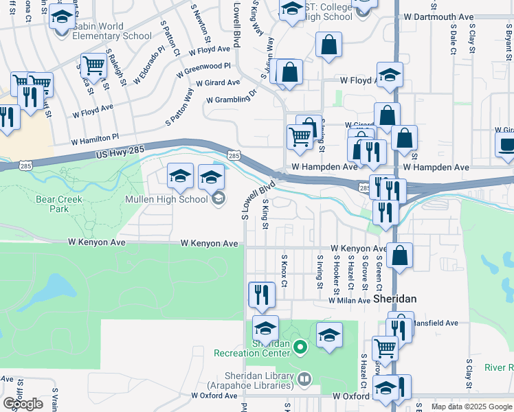 map of restaurants, bars, coffee shops, grocery stores, and more near in Sheridan