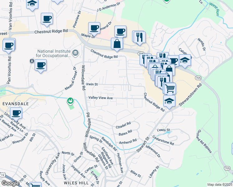 map of restaurants, bars, coffee shops, grocery stores, and more near 1037 Valley View Avenue in Morgantown