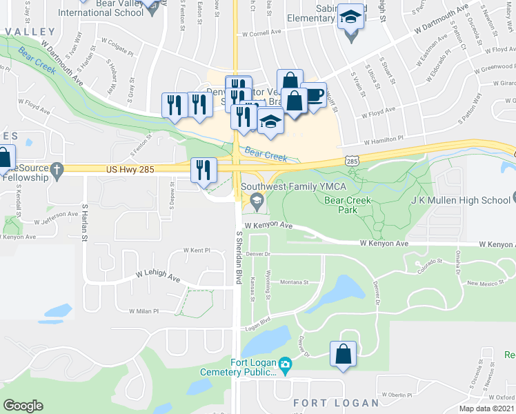 map of restaurants, bars, coffee shops, grocery stores, and more near 5181 West Kenyon Avenue in Denver