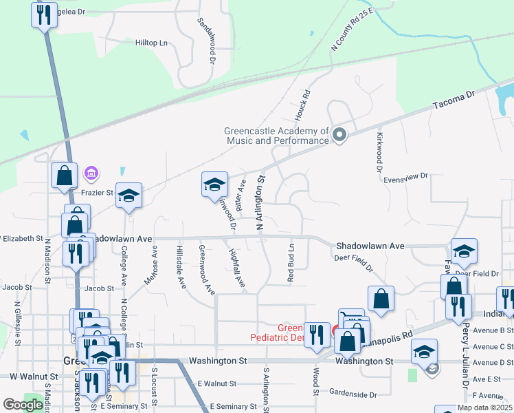 map of restaurants, bars, coffee shops, grocery stores, and more near 512 Arlington Street in Greencastle