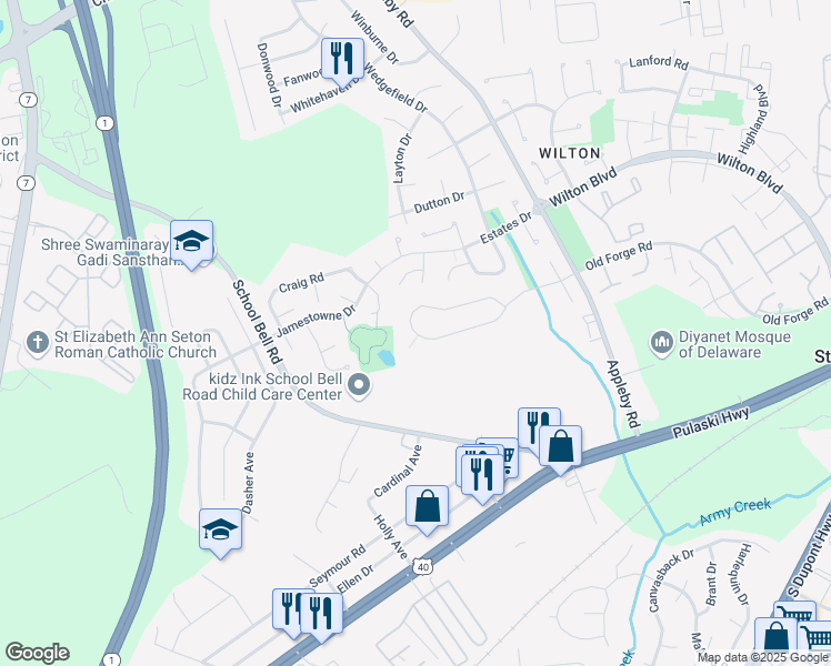 map of restaurants, bars, coffee shops, grocery stores, and more near 1083 Old Forge Road in New Castle