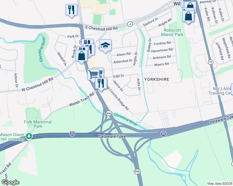 map of restaurants, bars, coffee shops, grocery stores, and more near 1131 Old Coochs Bridge Road in Newark