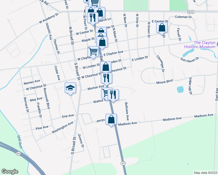 map of restaurants, bars, coffee shops, grocery stores, and more near 315 South Delsea Drive in Clayton