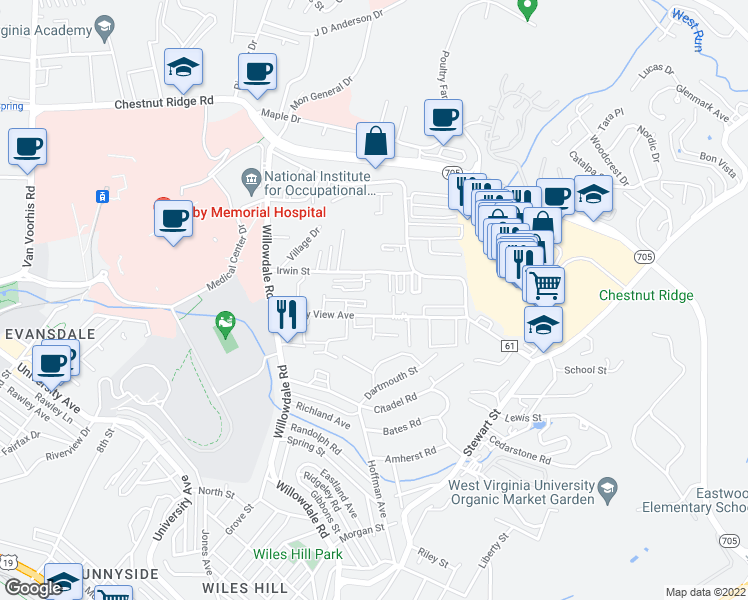 map of restaurants, bars, coffee shops, grocery stores, and more near 1037 Valley View Avenue in Morgantown