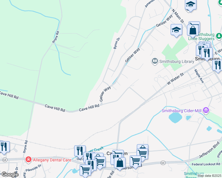 map of restaurants, bars, coffee shops, grocery stores, and more near 127 Sentry Ridge in Smithsburg
