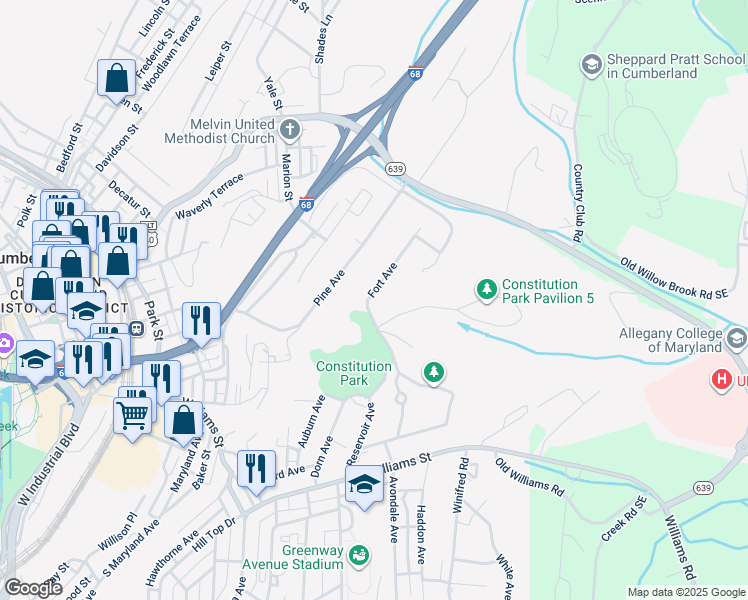 map of restaurants, bars, coffee shops, grocery stores, and more near 471 Fort Avenue in Cumberland