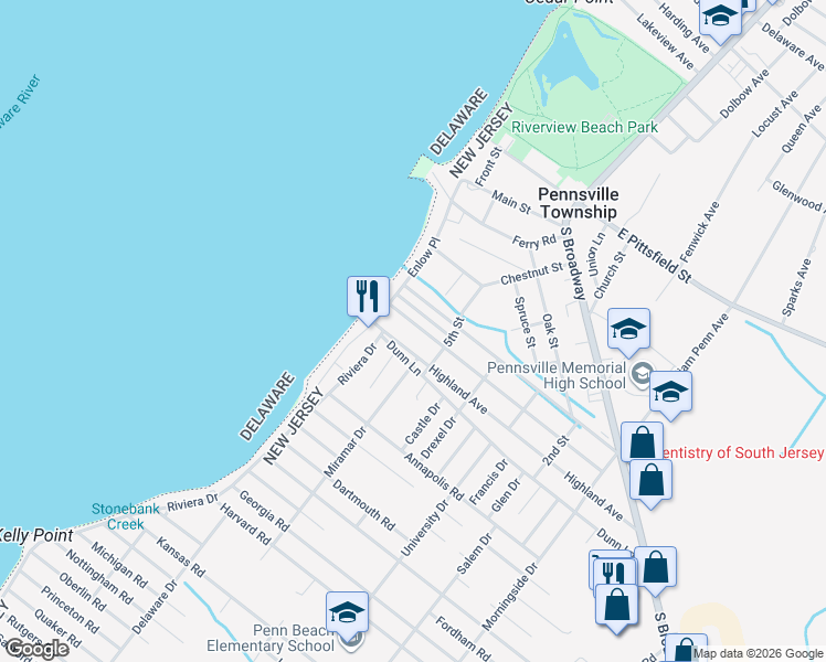 map of restaurants, bars, coffee shops, grocery stores, and more near 105 Castle Heights Avenue in Pennsville Township