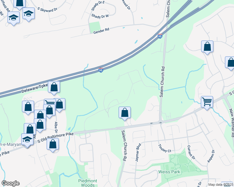 map of restaurants, bars, coffee shops, grocery stores, and more near 587 South Old Baltimore Pike in Newark