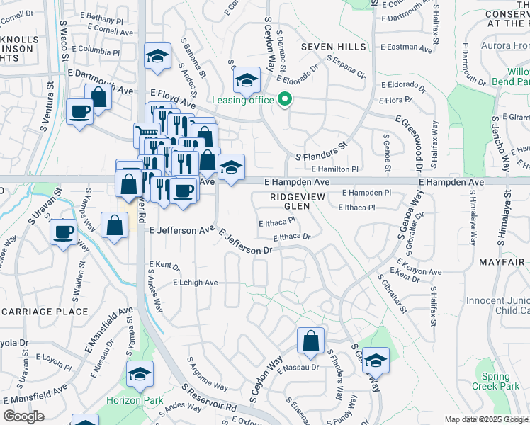 map of restaurants, bars, coffee shops, grocery stores, and more near 19035 East Ithaca Place in Aurora