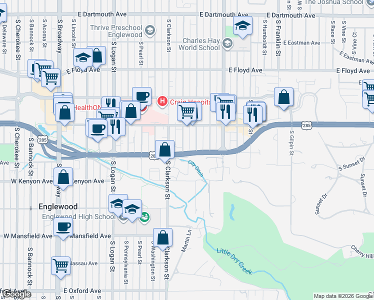 map of restaurants, bars, coffee shops, grocery stores, and more near 3601 South Ogden Street in Englewood