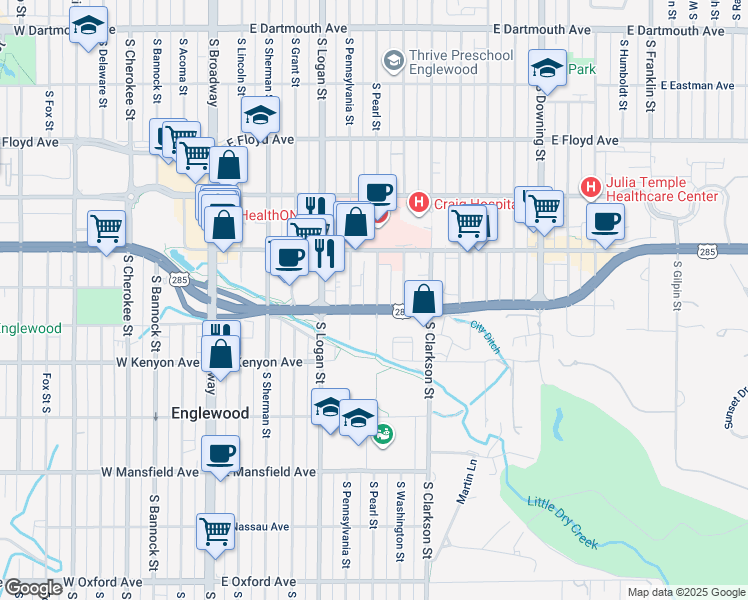 map of restaurants, bars, coffee shops, grocery stores, and more near 3600 South Pearl Street in Englewood