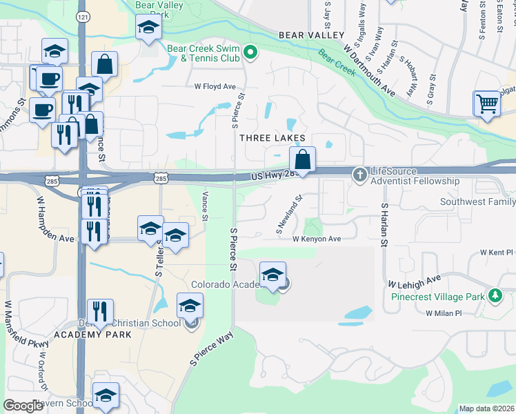 map of restaurants, bars, coffee shops, grocery stores, and more near 3600 South Pierce Street in Lakewood