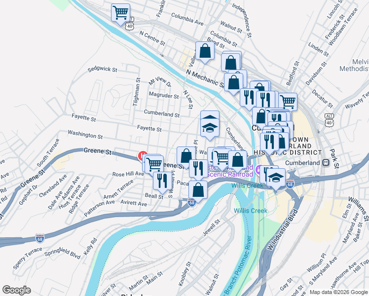 map of restaurants, bars, coffee shops, grocery stores, and more near 218 Washington Street in Cumberland