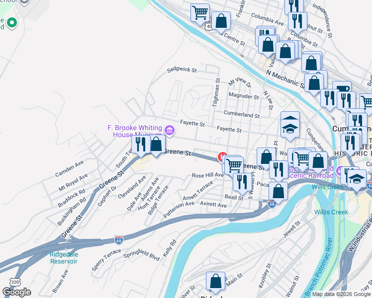 map of restaurants, bars, coffee shops, grocery stores, and more near 601 Greene Street in Cumberland