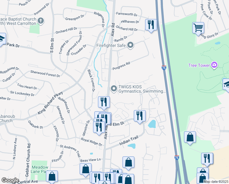 map of restaurants, bars, coffee shops, grocery stores, and more near 1900 South Alex Road in Dayton