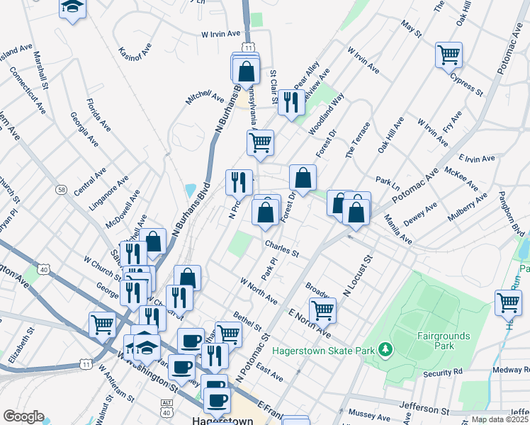 map of restaurants, bars, coffee shops, grocery stores, and more near 644 Pennsylvania Avenue in Hagerstown