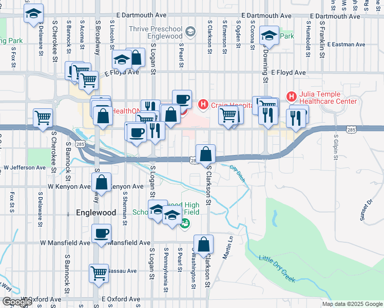 map of restaurants, bars, coffee shops, grocery stores, and more near 3595 South Washington Street in Englewood